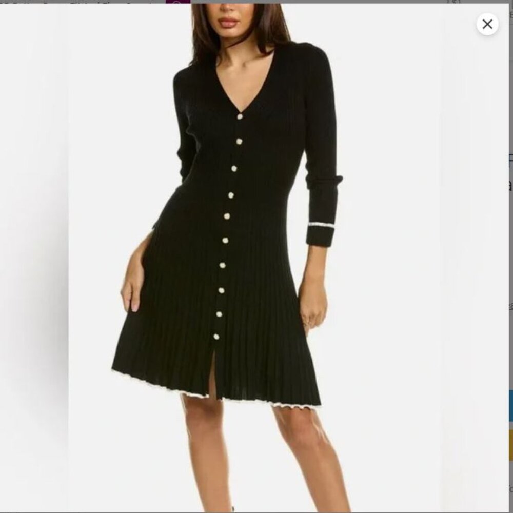 NWT Taylor Black Ribbed Button Down Fit and Flare Long Sleeves Sweater Dress